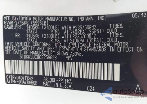 2012 Toyota Sienna Le V6 8 Passenger из США, поврежденный, VIN 5TDKK3DC8CS259698